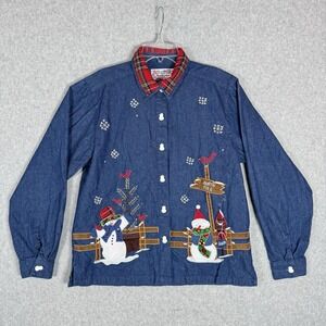 Tantrums Christmas Embroidered Denim Shirt Jacket Medium Snowmen Snowflakes Vtg